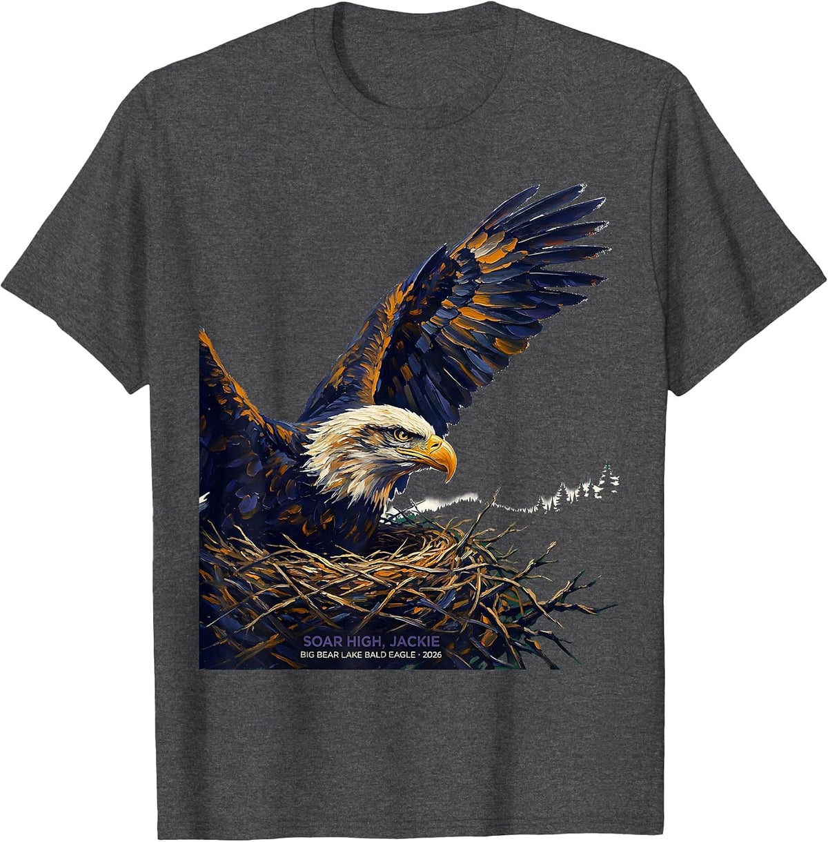 Men's Soar High, Jackie Big Bear Lake Bald Eagle Memorial T-Shirt - Dark Heather Grey