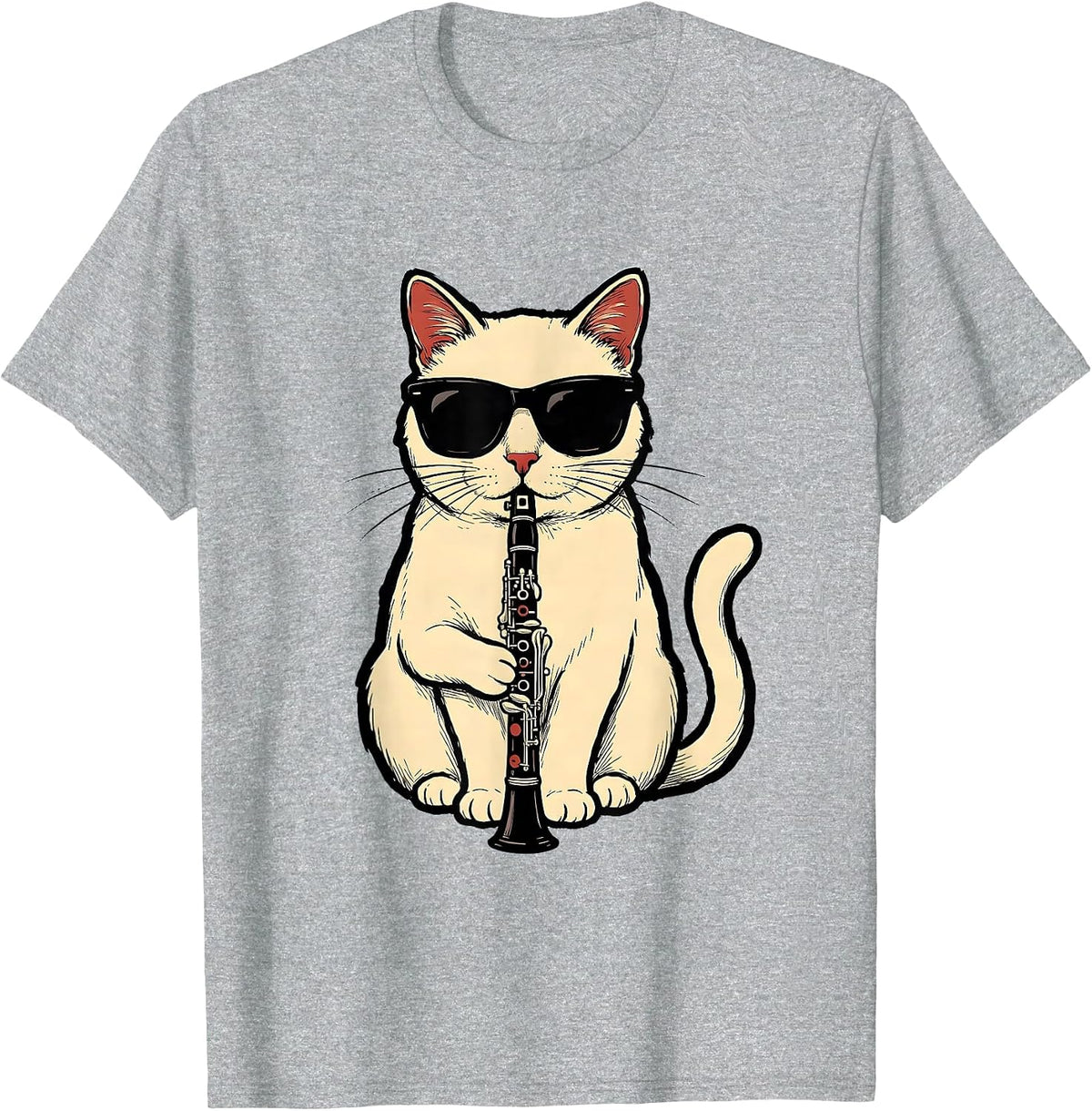 Men's Funny Cat Wearing Sunglasses Playing Clarinet Musician T-Shirt - Heather Grey