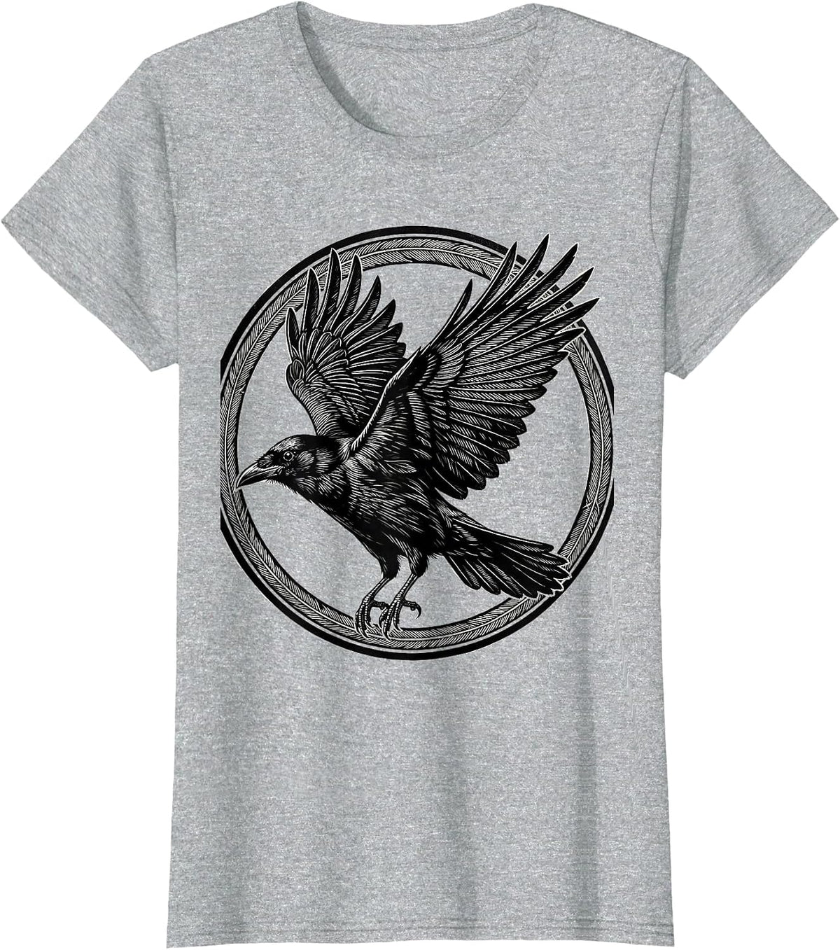 Women's Crow in Flight Spread Wings Bird Art Design T-Shirt - Heather Grey