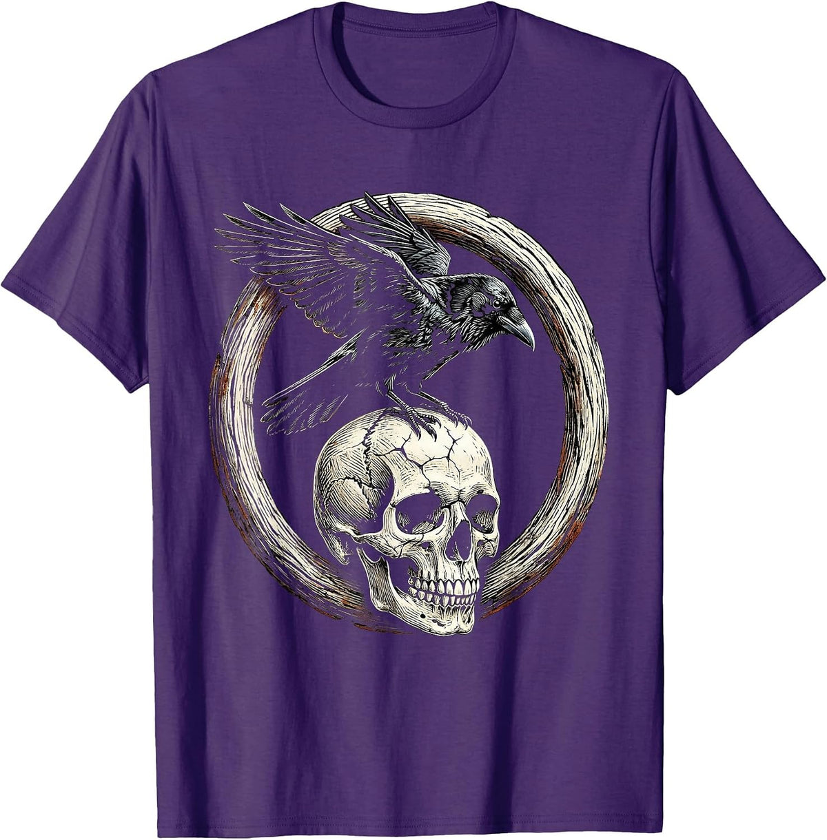 Men's Crow Perched on Skull Dark Gothic Illustration T-Shirt - Purple