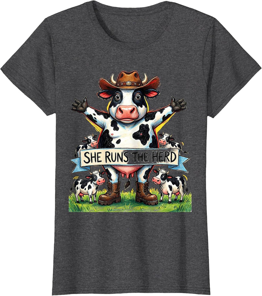 Women's She Runs The Herd Cow Lover Design T-Shirt - Dark Heather Grey