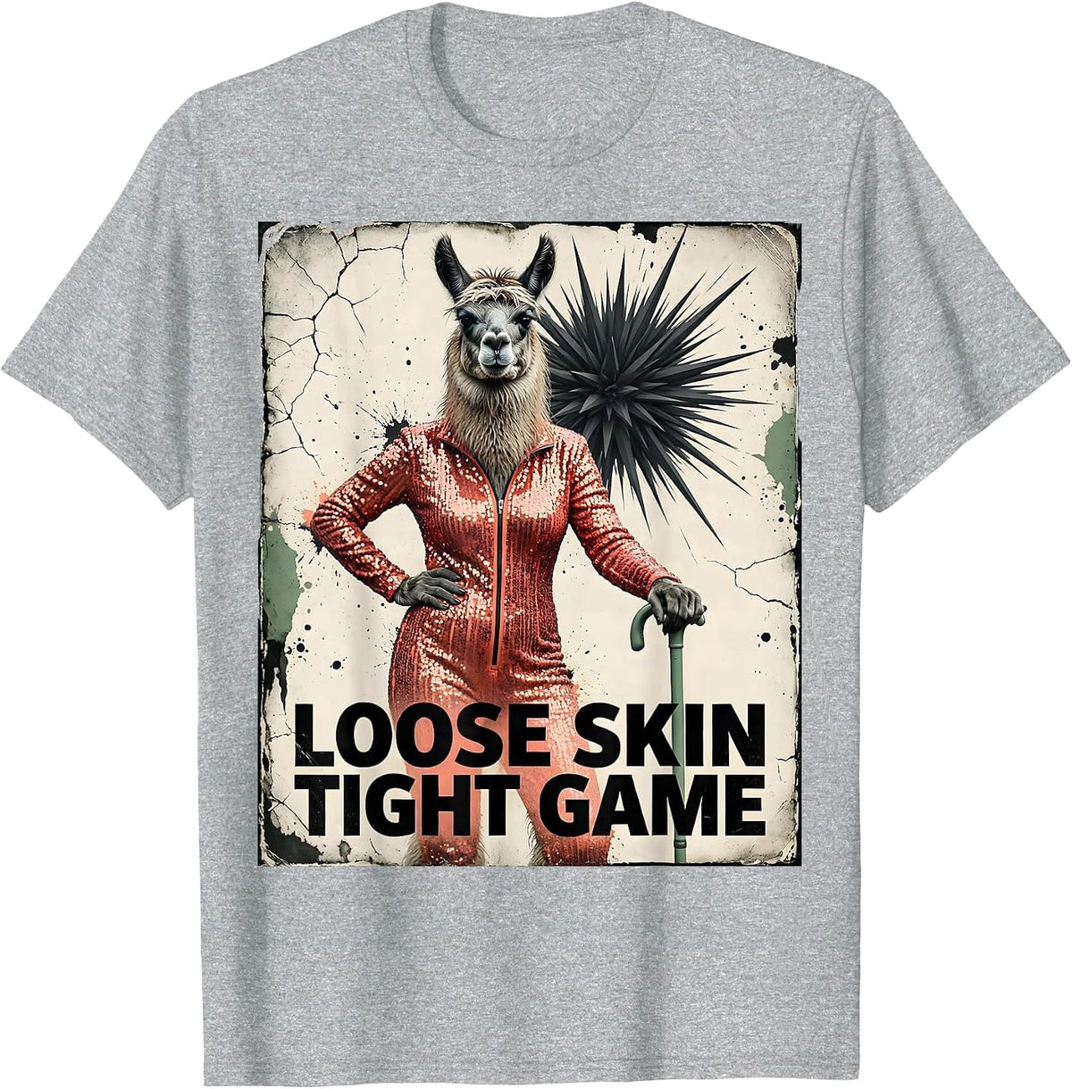 Men's Loose Skin Tight Game Distressed Funny Elderly Llama Meme T-Shirt - Heather Grey