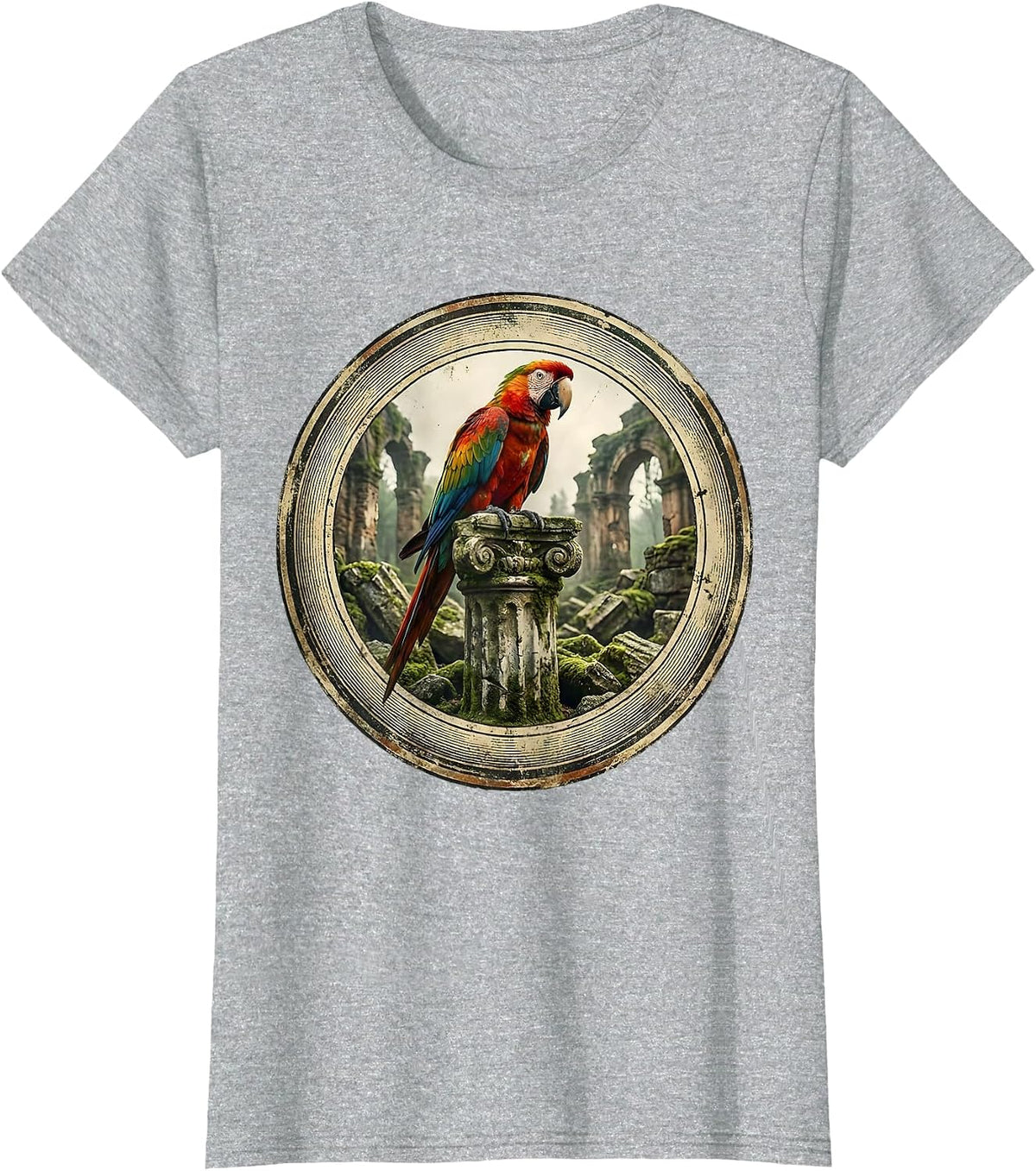 Women's Parakeet on Stone Ruins Graphic Design T-Shirt - Heather Grey