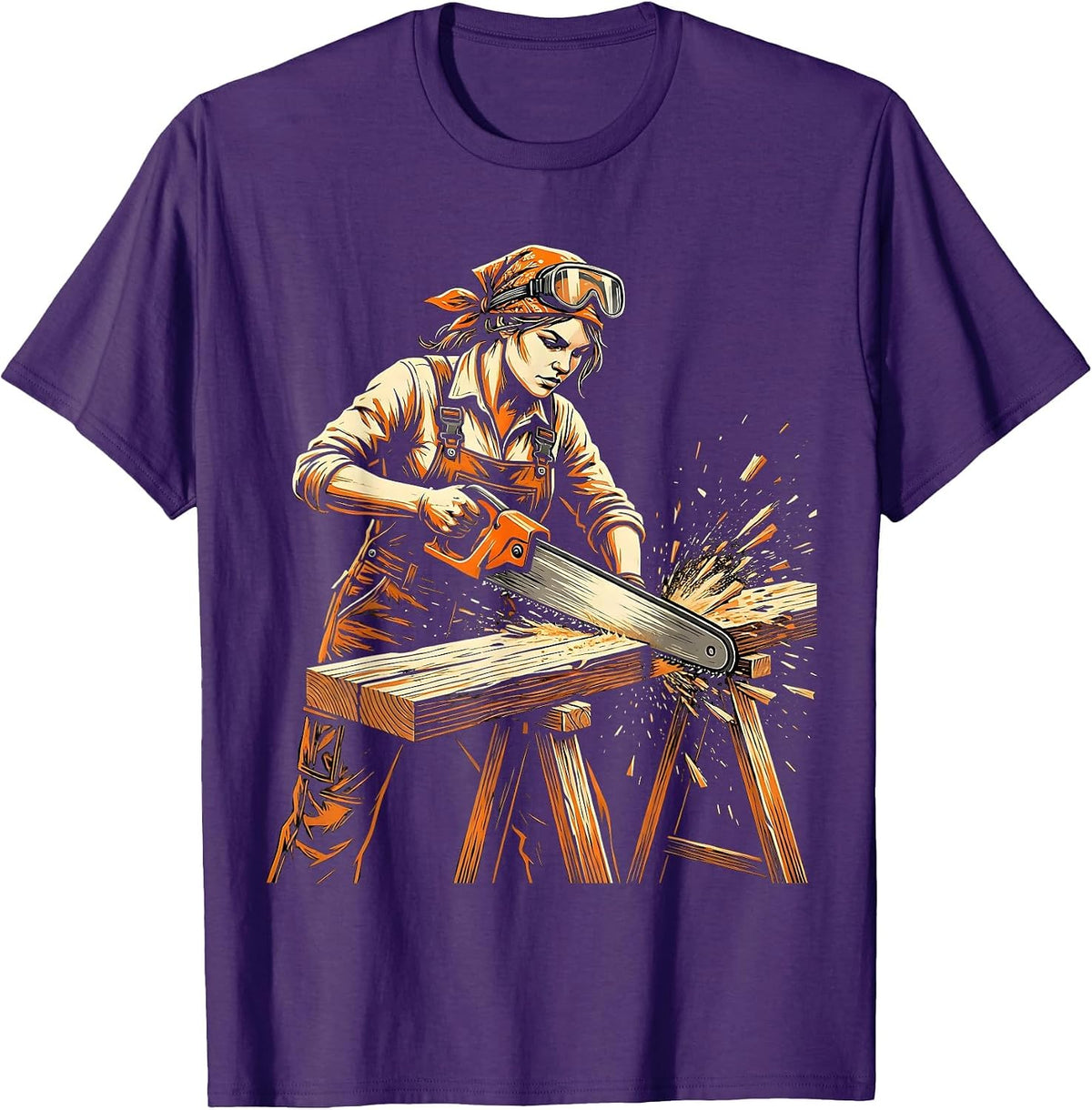 Labor Day Woman Carpenter Sawing Wood Illustration T-Shirt - Purple