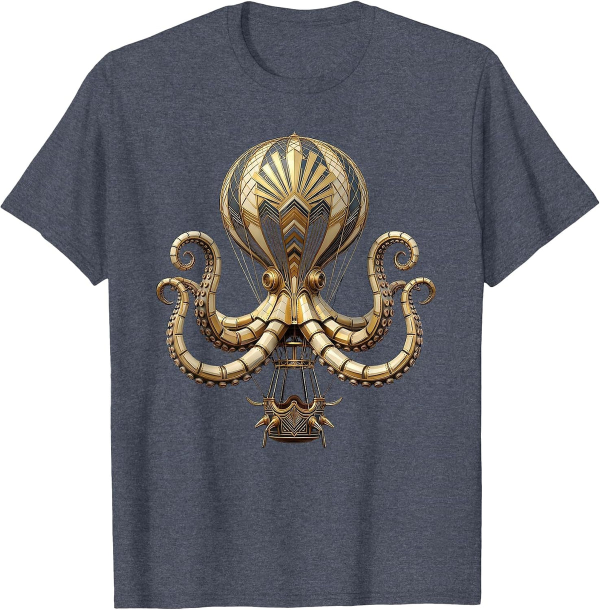 Men's Steampunk Octopus Gripping a Hot Air Balloon T-Shirt - Heather Blue
