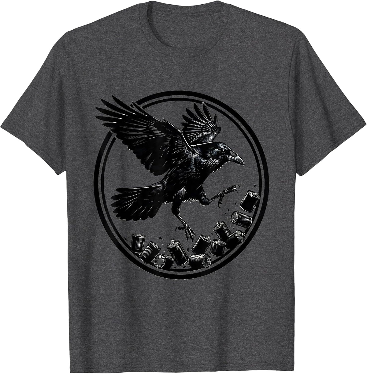 Crow Kicking Over Tin Cans Funny Bird Art T-Shirt - Dark Heather Grey