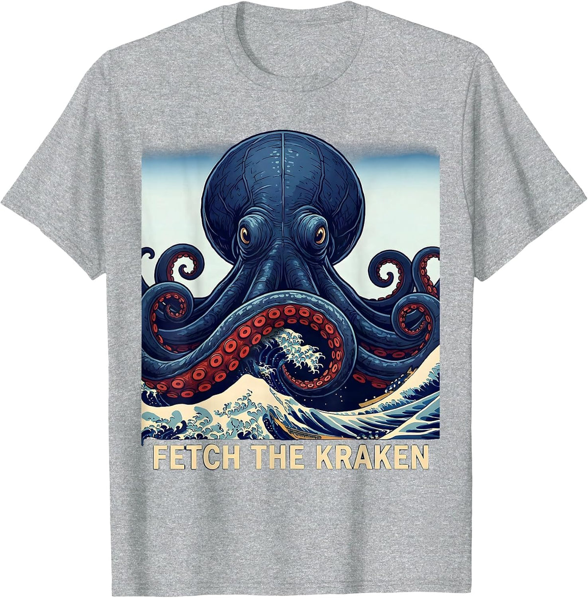 Men's Fetch The Kraken Ukiyo-e Octopus Sea Monster Ocean Lover T-Shirt - Heather Grey