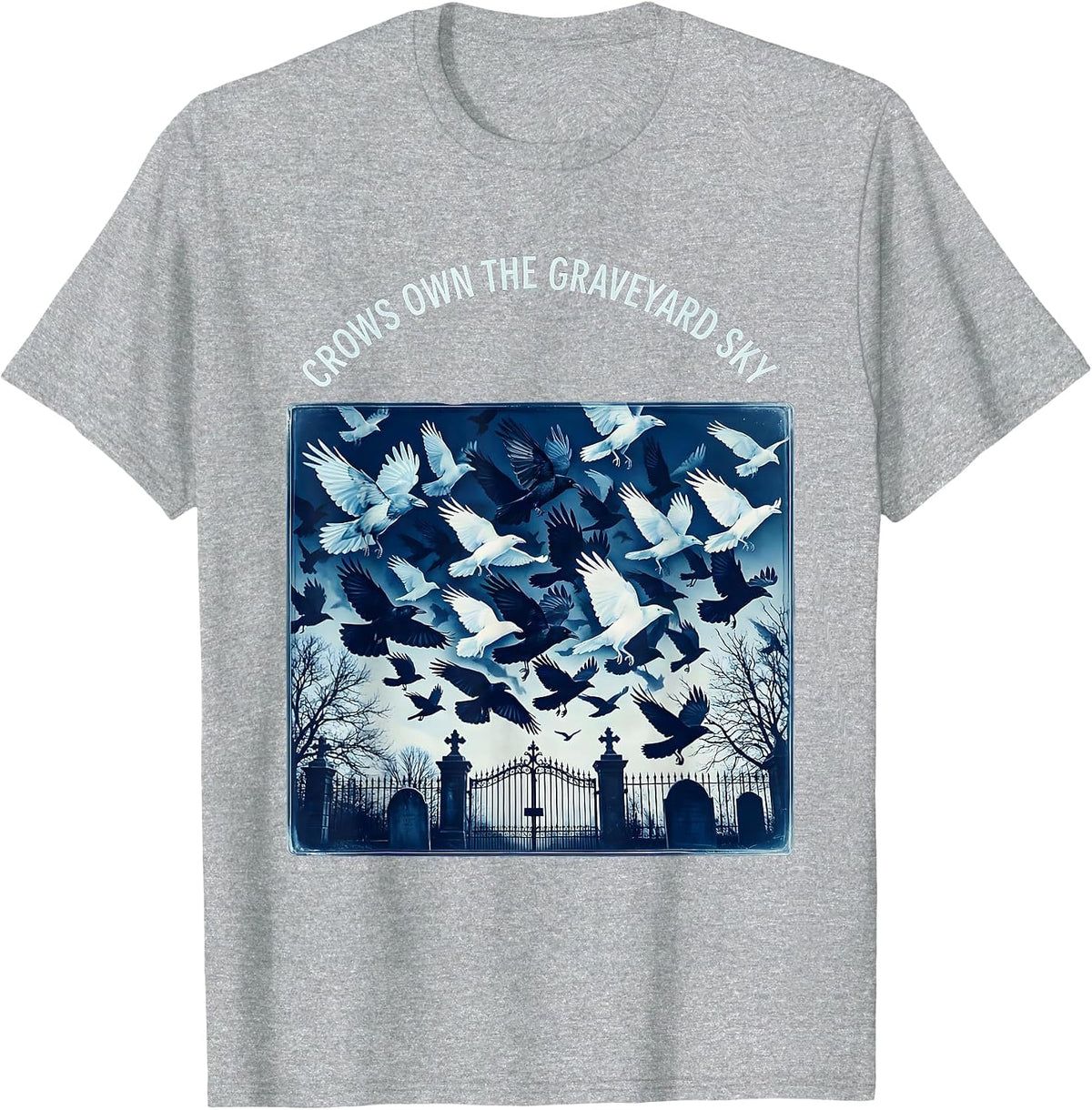 Men's Crows Own the Graveyard Sky Gothic Halloween Design T-Shirt - Heather Grey
