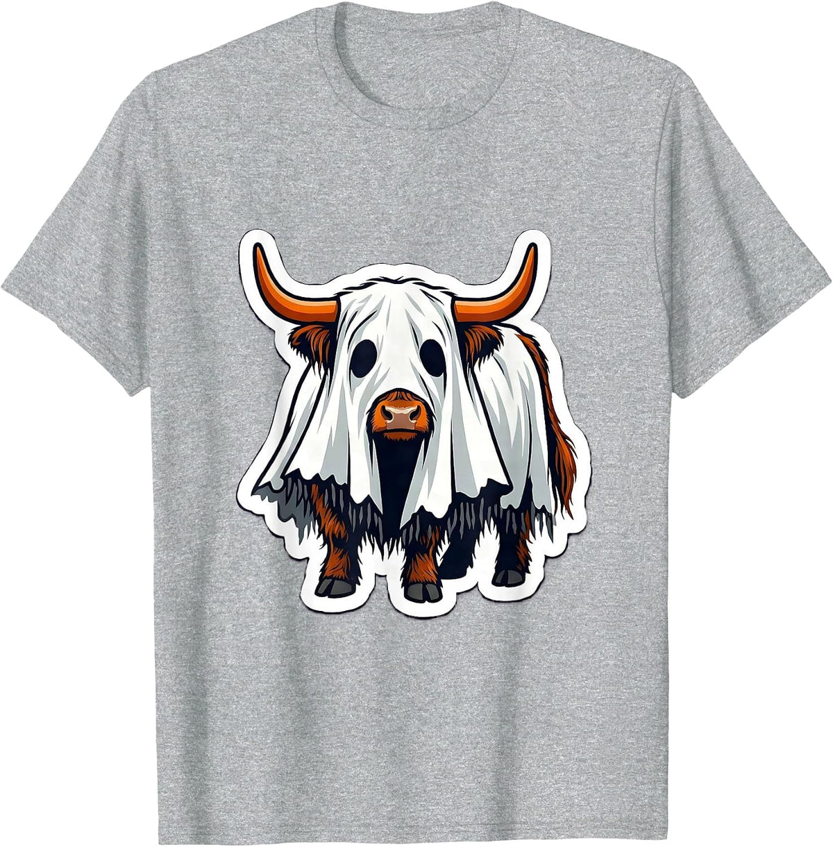 Men's Leaning Ghost Sheet Highland Cow Halloween Spooky Season T-Shirt - Heather Grey