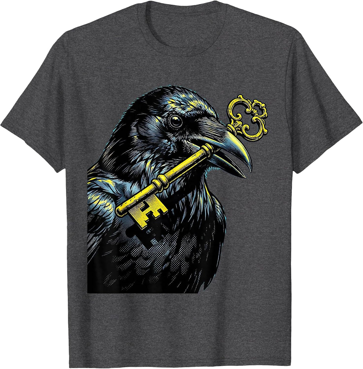 Men's Crow Clutching a Key Illustration Design T-Shirt - Dark Heather Grey
