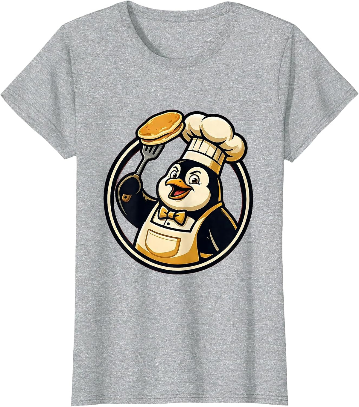 Penguin Chef Flipping Pancake Funny Cooking Art T-Shirt - Heather Grey