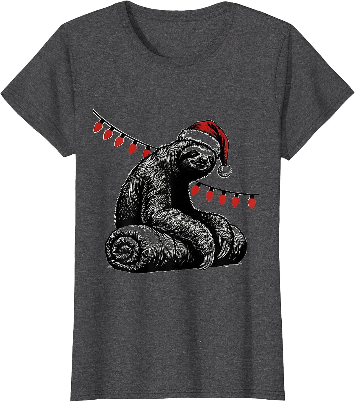 Women's Sloth Sleeping Bag Santa Hat Funny Christmas Lights T-Shirt - Dark Heather Grey