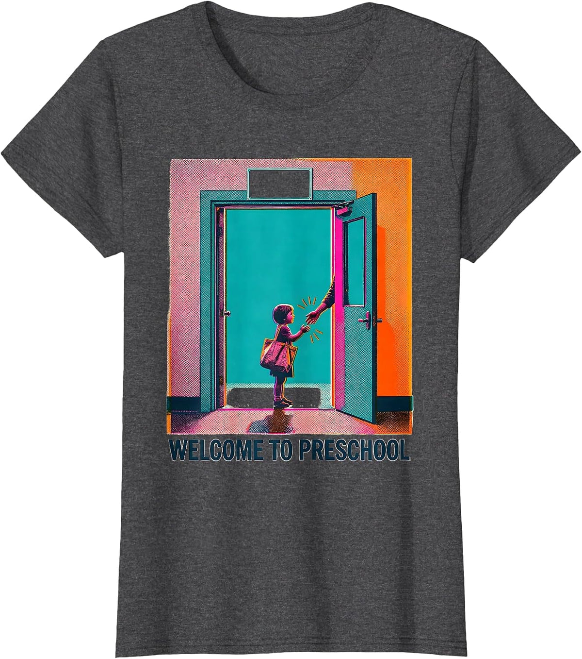 Women's Welcome To Preschool Risograph Playful Teacher Appreciation T-Shirt - Dark Heather Grey