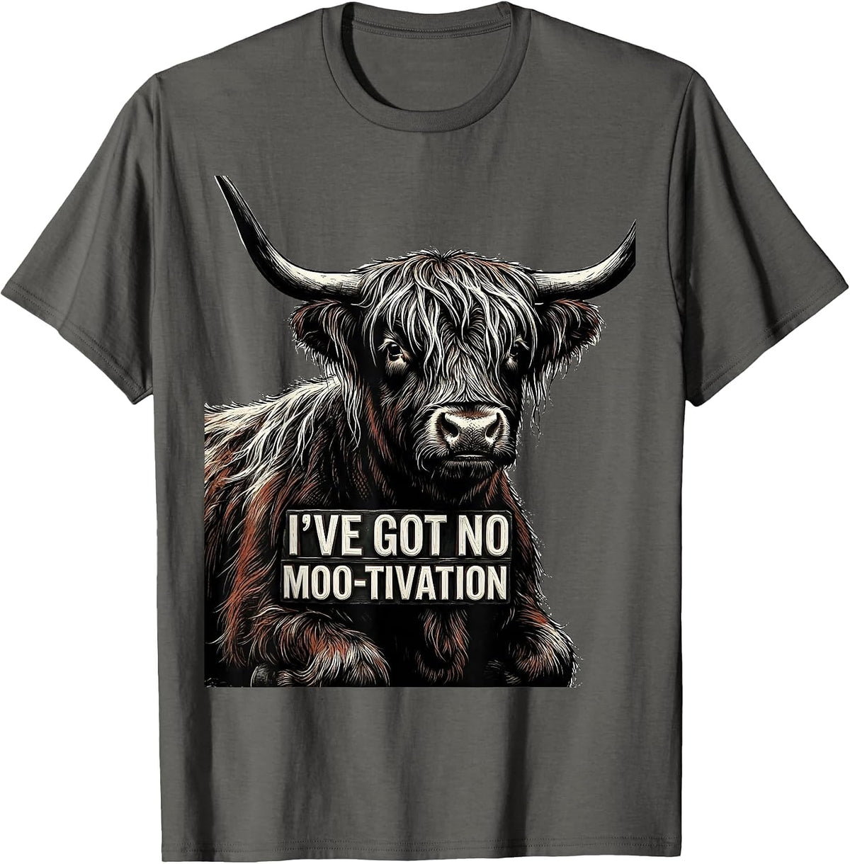 Men's I've Got No Moo-tivation Funny Highland Cow Farm Humor T-Shirt - Asphalt Grey