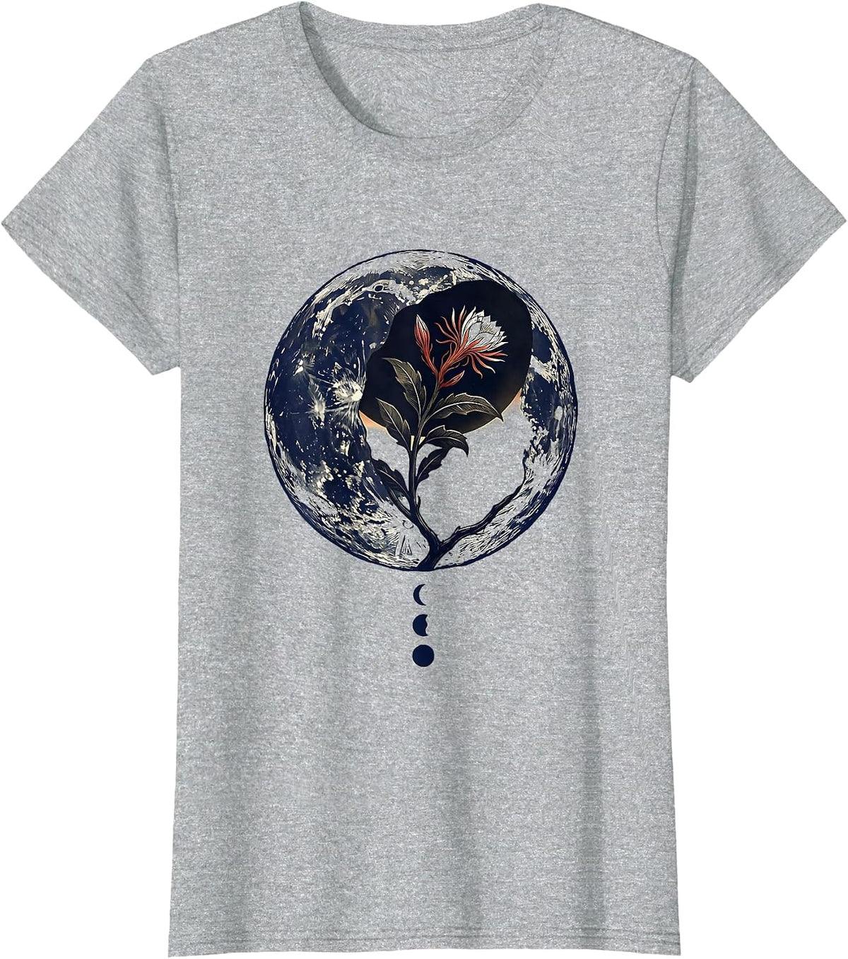 Lunar Crescent Night-Blooming Stem Linocut Boho Celestial T-Shirt - Heather Grey