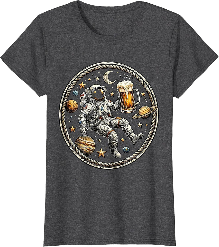 Women's Astronaut Floating With Beer in Outer Space T-Shirt - Dark Heather Grey