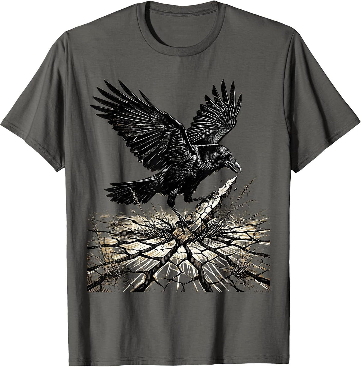 Crow Over Cracked Earth Dead Grass Illustration T-Shirt - Asphalt Grey