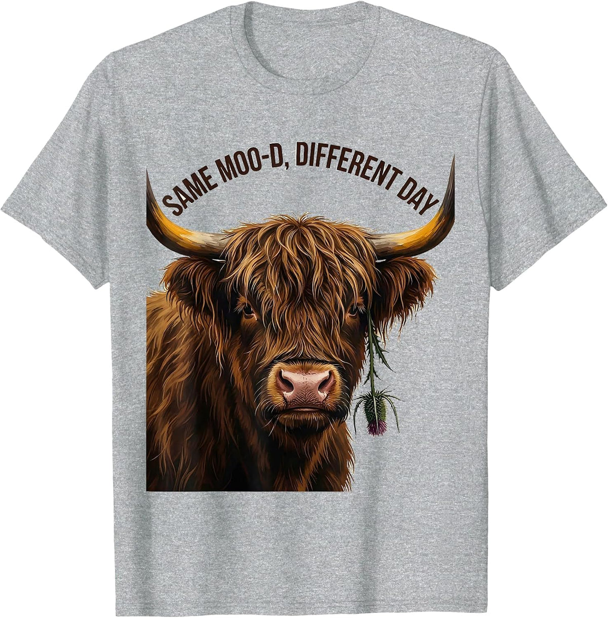 Men's Same Moo-D, Different Day Funny Highland Cow Farm Animal T-Shirt - Heather Grey