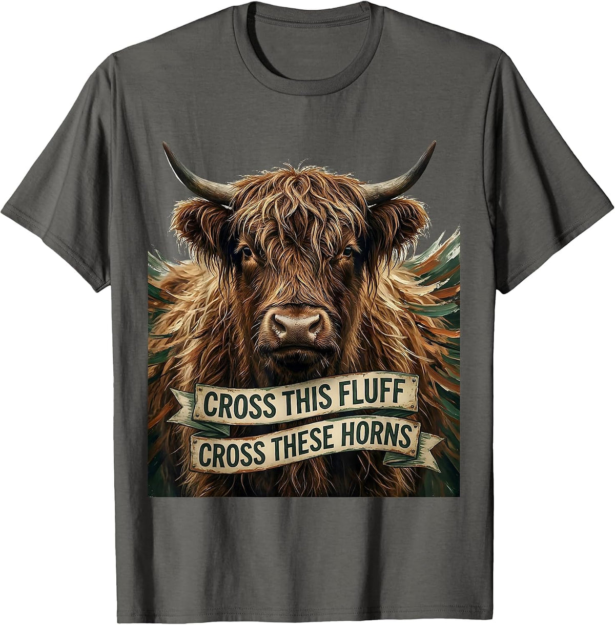 Cross This Fluff Cross These Horns Vintage Highland Cow T-Shirt - Asphalt Grey