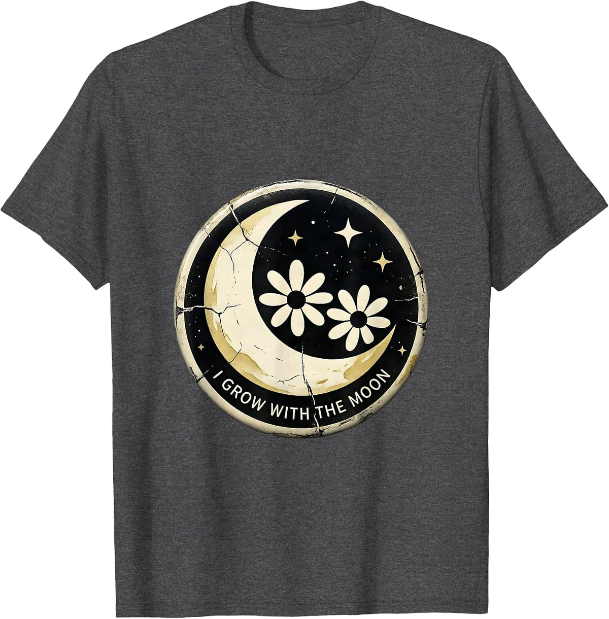 I Grow With The Moon Boho Celestial Moon Phase Botanical T-Shirt - Dark Heather Grey