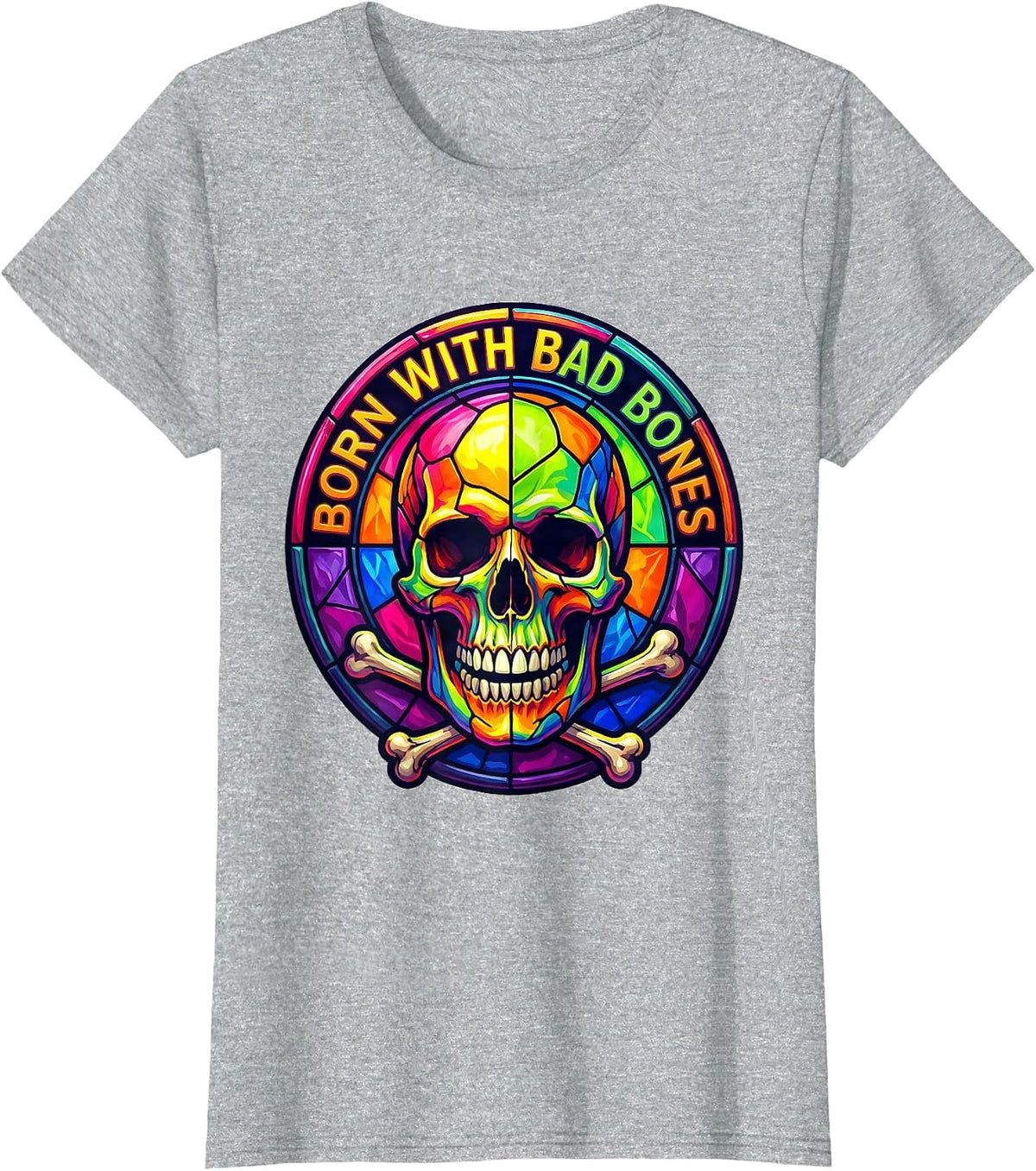 Born With Bad Bones Skull Graphic Design T-Shirt - Heather Grey