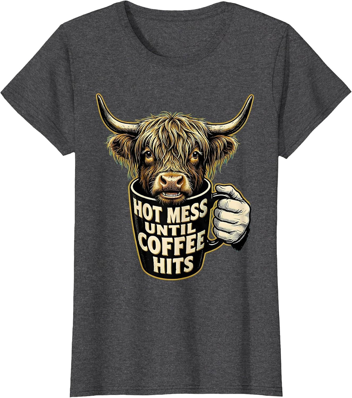 Women's Hot Mess Until Coffee Hits Retro Cartoon Highland Cow Coffee T-Shirt - Dark Heather Grey