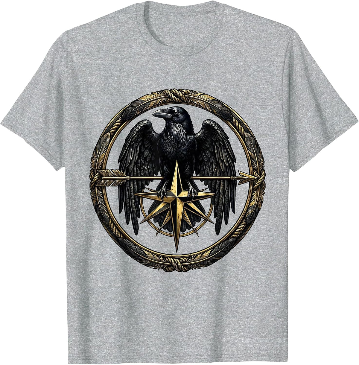 Men's Crow Arrow Compass Rose Tattoo Style Graphic T-Shirt - Heather Grey