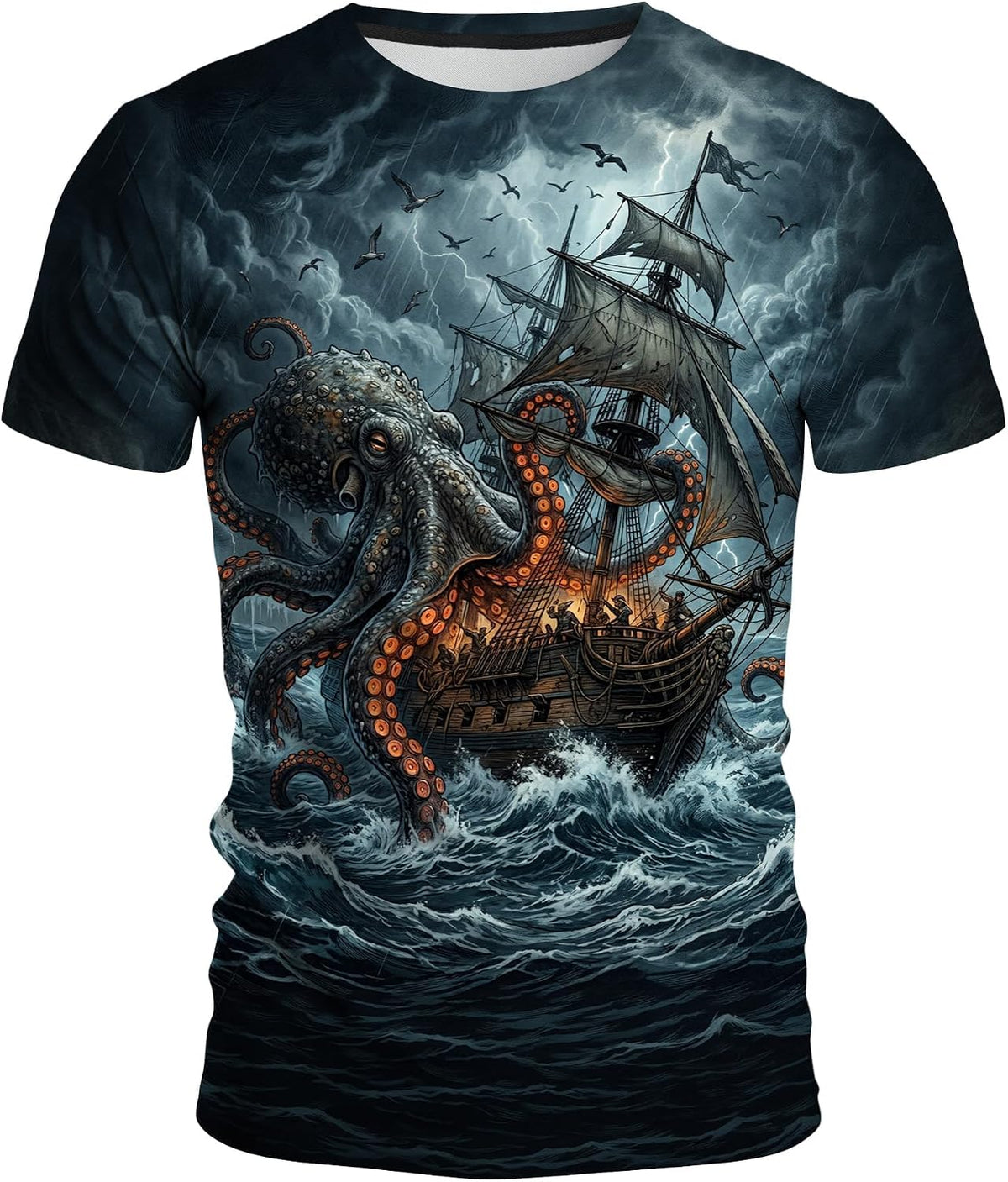 Funny Pirate Ship Graphic 3D Anchor T-Shirt Short Sleeve Crewneck Ocean Shirts for Men S-4XL - Pirate Ship-01