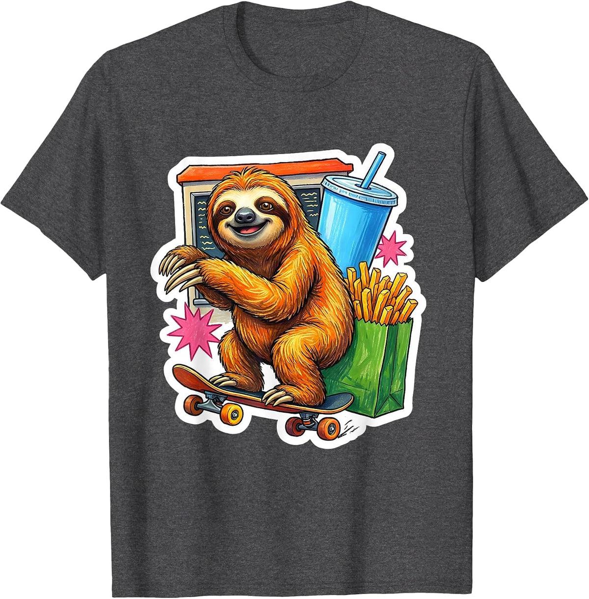 Men's Lazy Sloth Fast Food Drive-Through Skateboard T-Shirt - Dark Heather Grey
