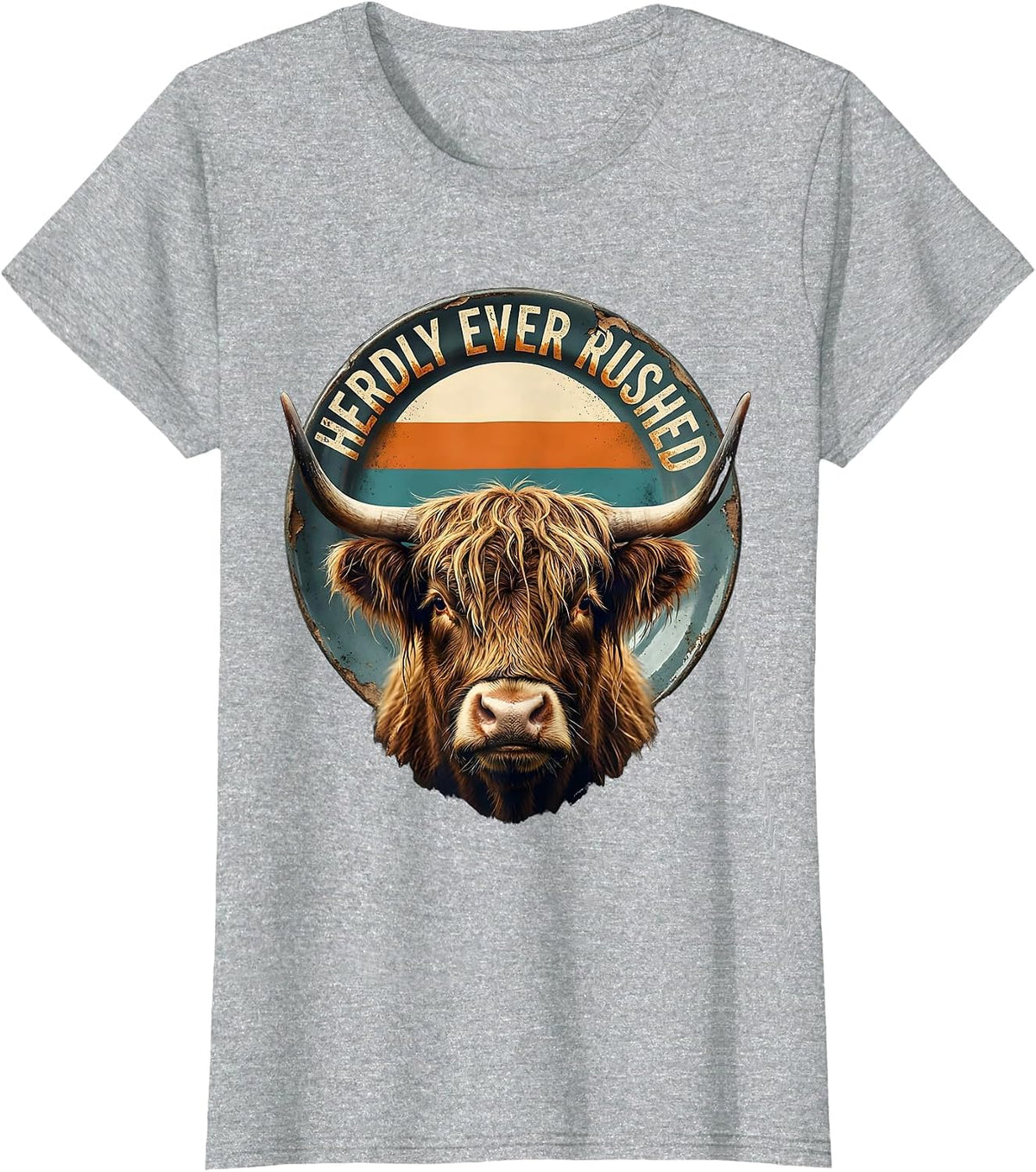 Women's Herdly Ever Rushed Funny Highland Cow Farm Animal Humor T-Shirt - Heather Grey
