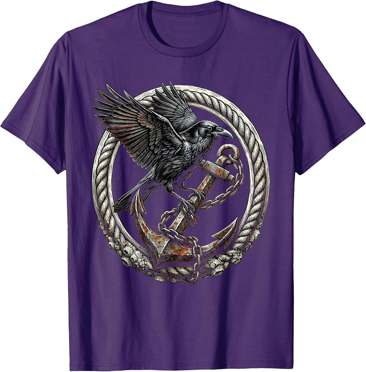 Men's Crow Perched on Rusted Anchor Illustration T-Shirt - Purple