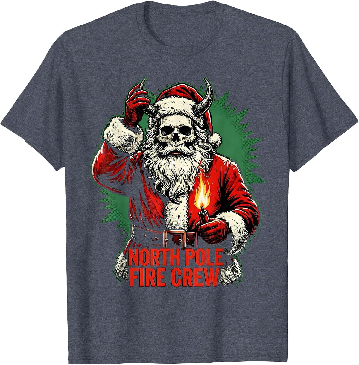 North Pole Fire Crew Heavy Metal Rocker Christmas Santa T-Shirt - Heather Blue