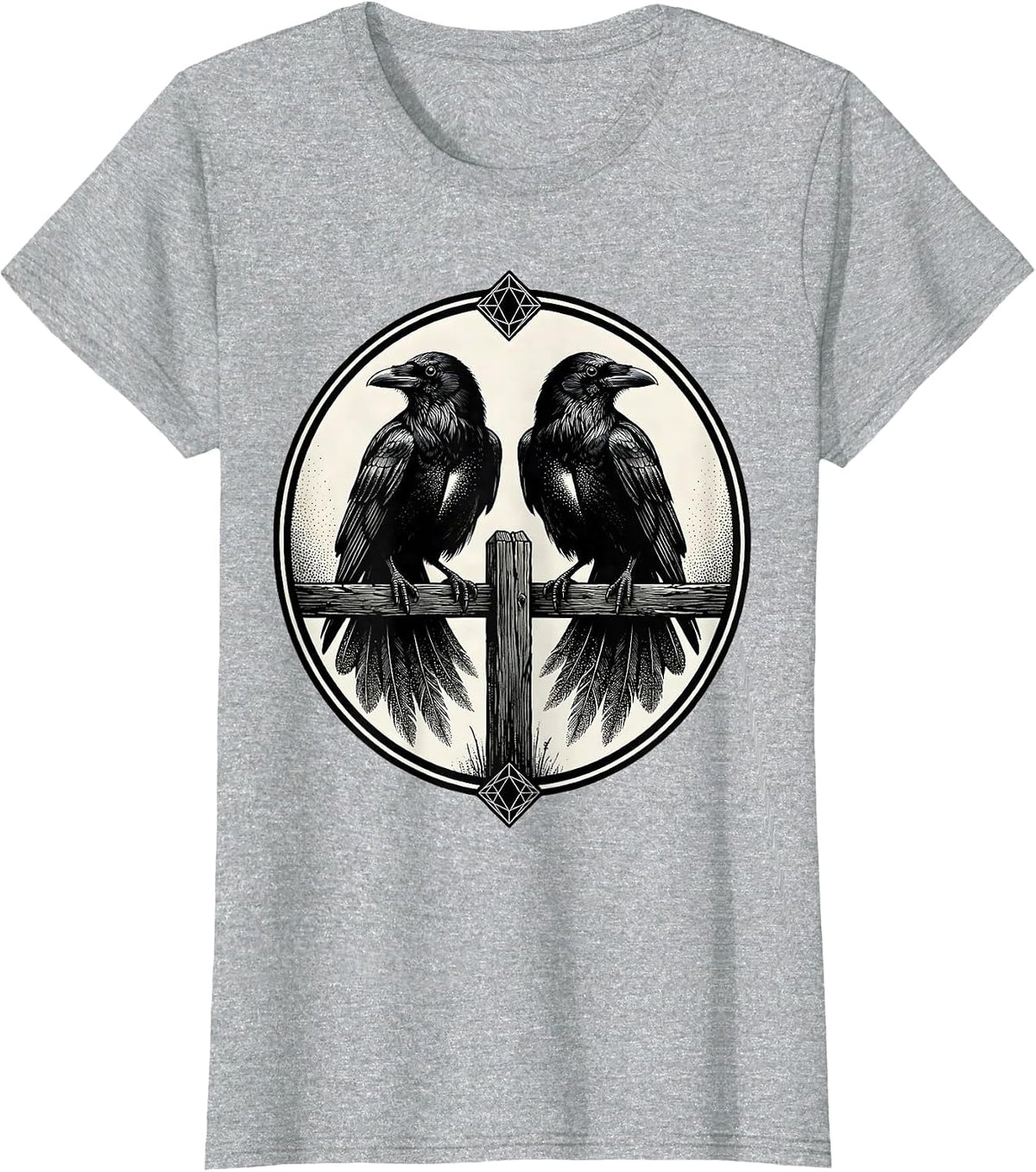 Two Crows on a Fence Post Illustration T-Shirt - Heather Grey