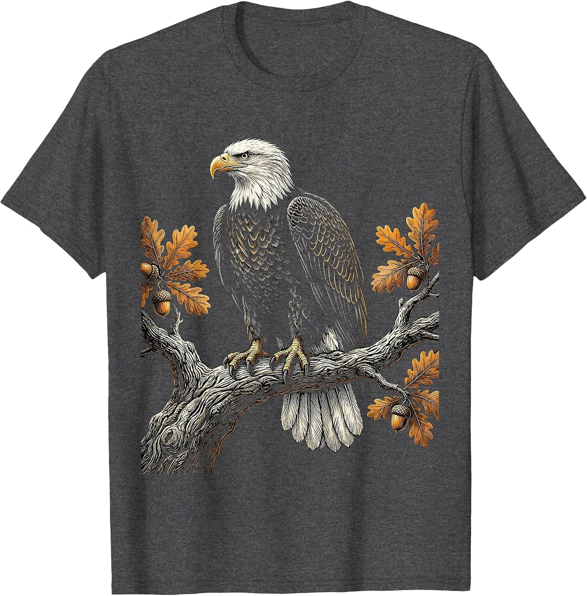 Bald Eagle Perched on Oak Branch Illustration T-Shirt - Dark Heather Grey