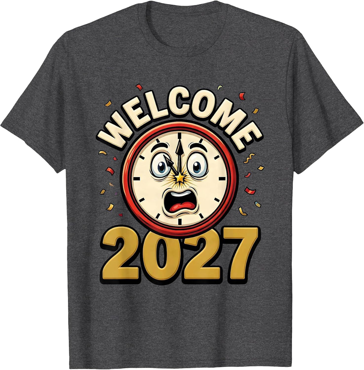 Welcome 2027 Cartoon New Year Eve Party Countdown Novelty T-Shirt - Dark Heather Grey