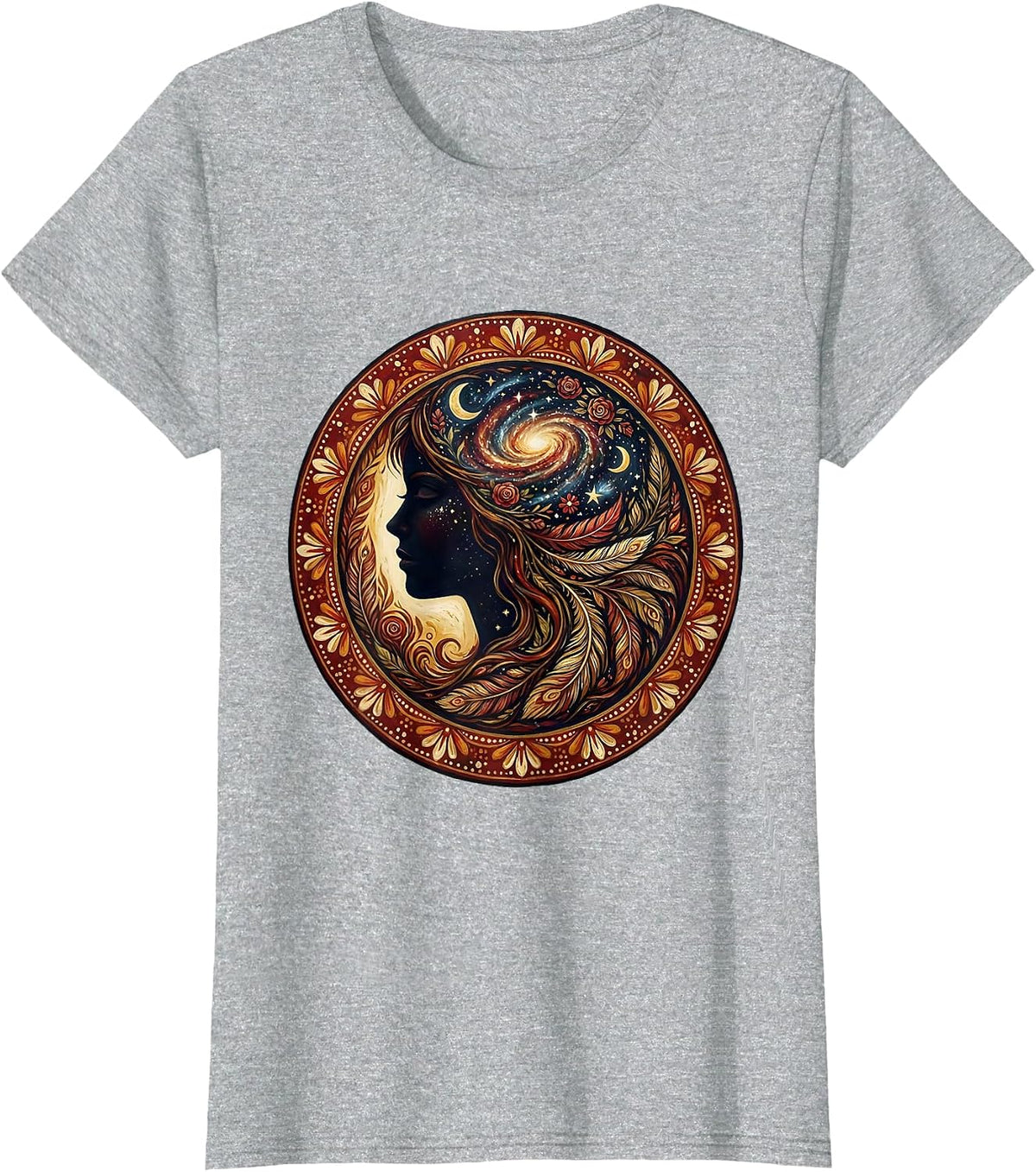 Cosmic Mind Galaxy Woman Profile Illustration T-Shirt - Heather Grey