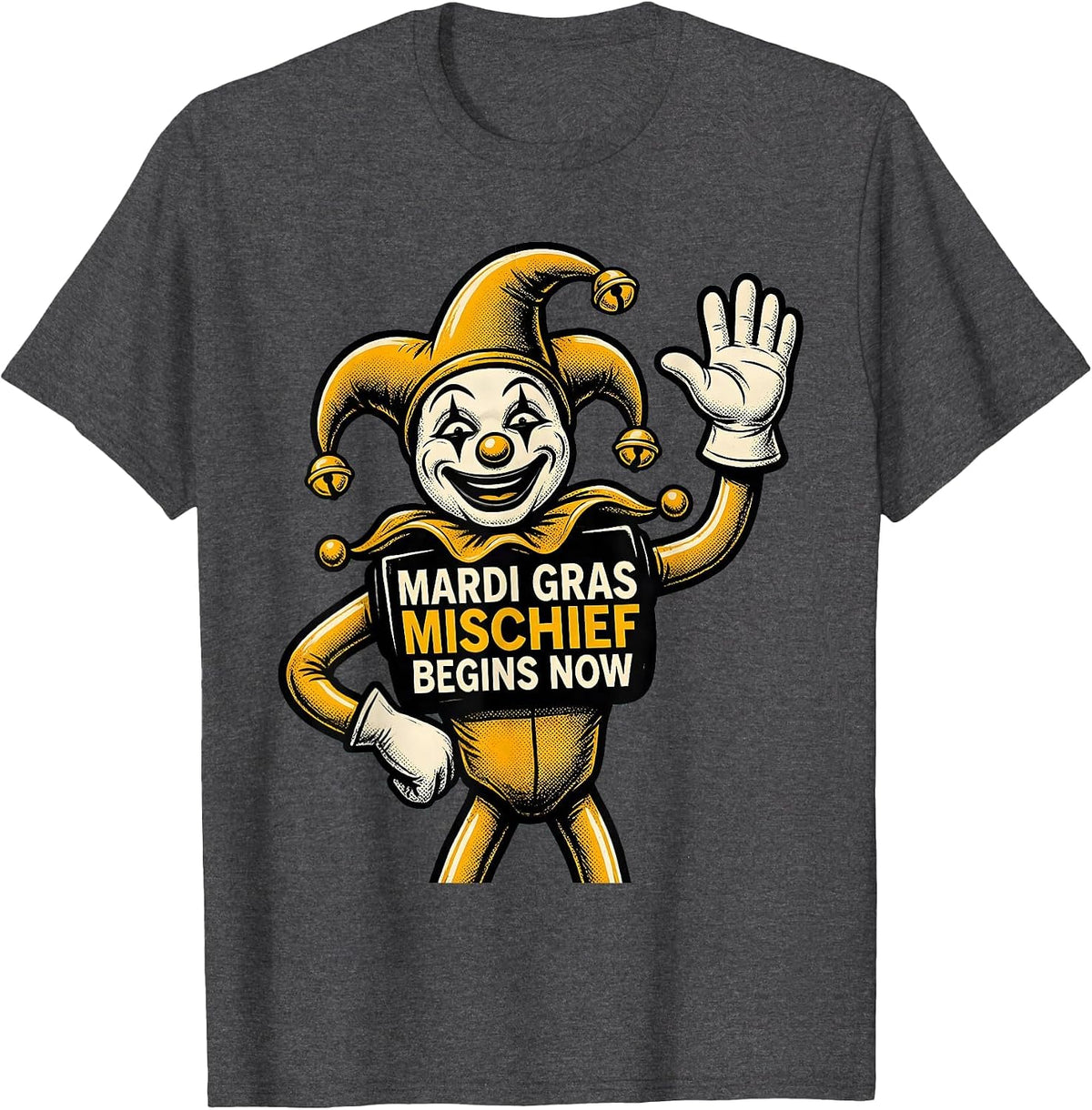 Mardi Gras Mischief Begins Now Retro Cartoon Jester Carnival T-Shirt - Dark Heather Grey