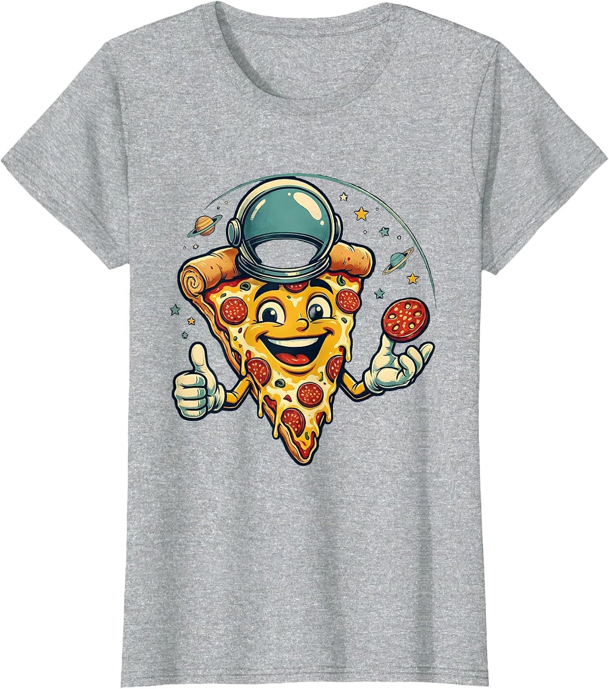 Women's Astronaut Floating With Pizza in Outer Space T-Shirt - Heather Grey
