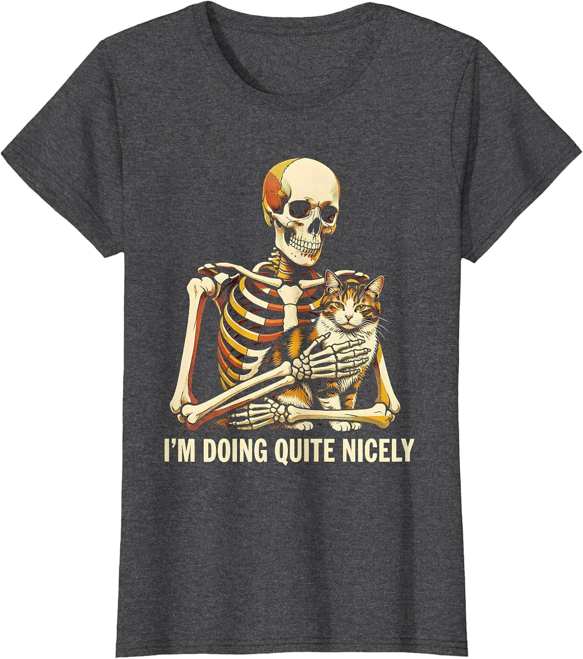 Women's I'm Doing Quite Nicely Risograph Skeleton Hugging Cat T-Shirt - Dark Heather Grey