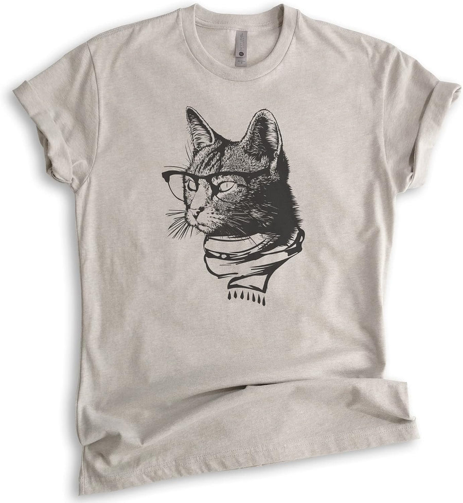 Hipster Cat Shirt, Unisex Women's Men's Shirt, Cat Lover Shirt, Cat Glasses Tee, Nerdy Tee, Cat Mom Shirt - Light Silk Gray