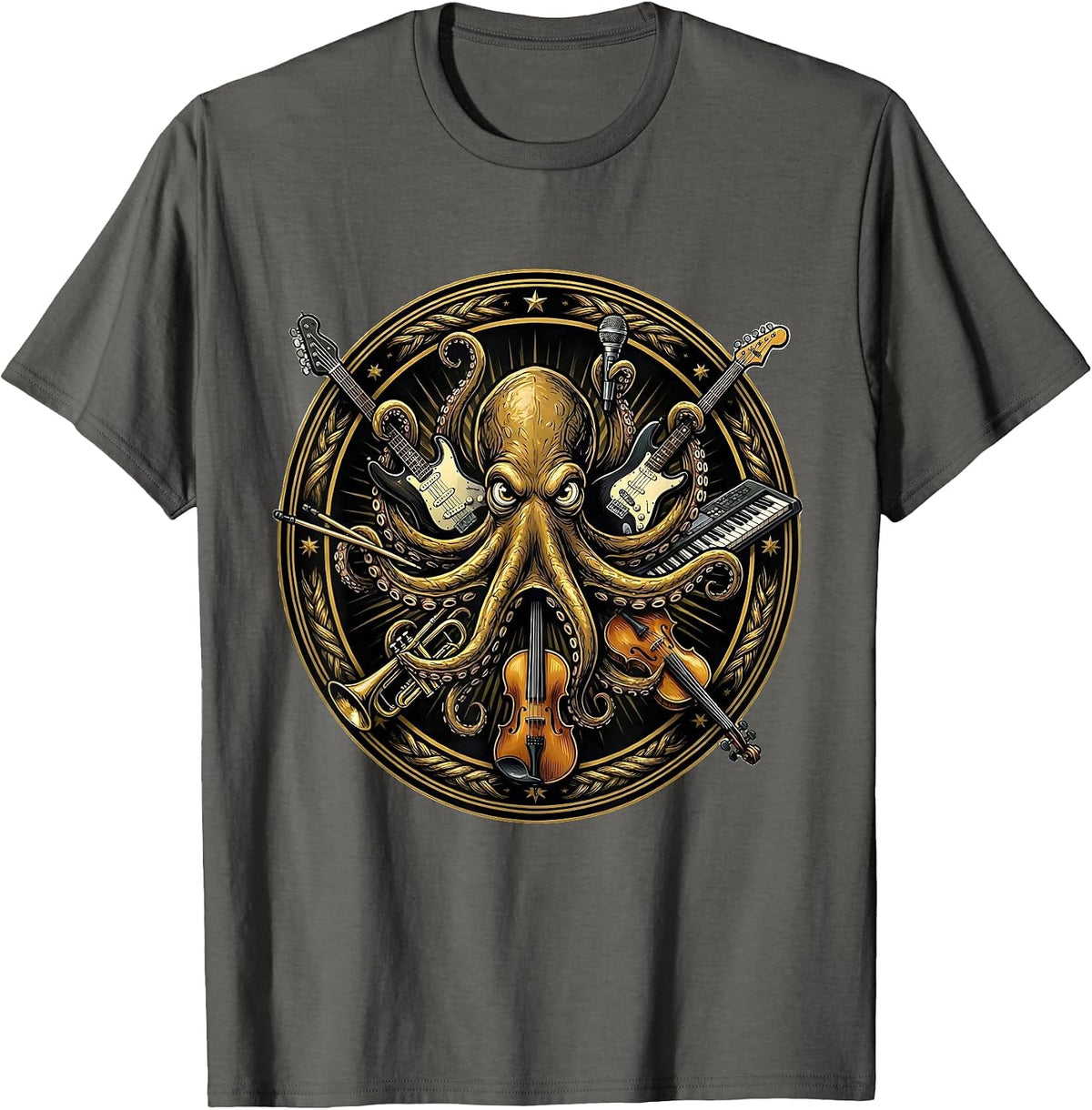 Octopus Rock Band Musician Graphic Tee T-Shirt - Asphalt Grey