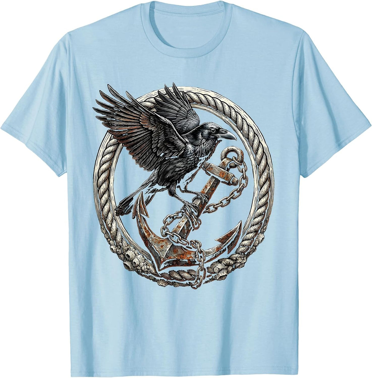 Men's Crow Perched on Rusted Anchor Illustration T-Shirt - Baby Blue