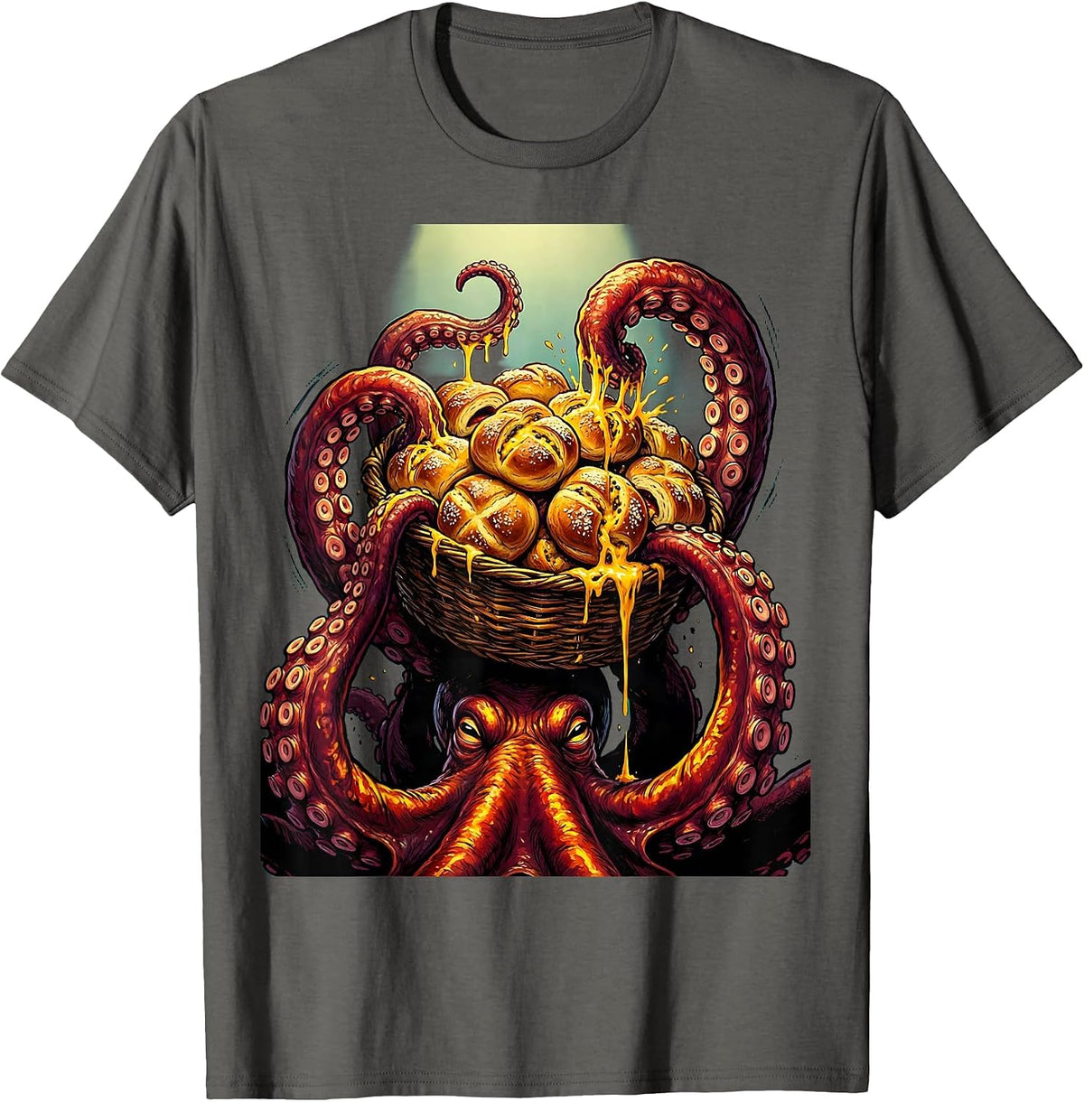 Octopus Cheesy Bread Basket Funny Food Art T-Shirt - Asphalt Grey