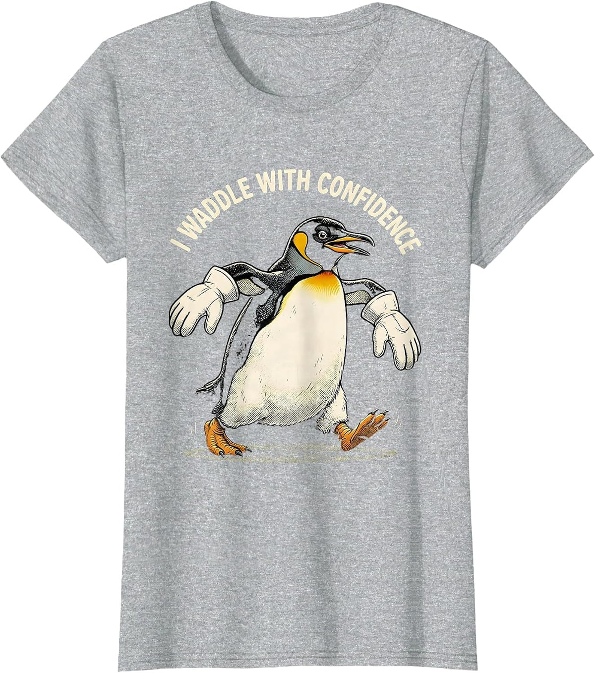 Women's I Waddle With Confidence Funny Penguin Lover Retro Cartoon T-Shirt - Heather Grey