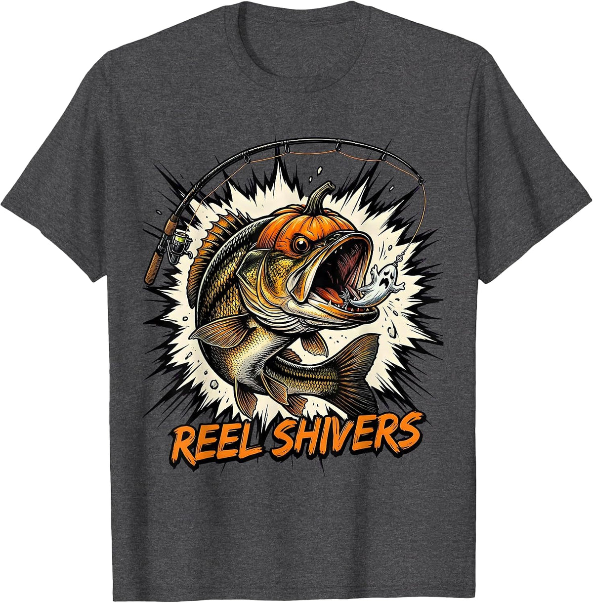 Reel Shivers Comic Book Spooky Halloween Fishing Gift T-Shirt - Dark Heather Grey