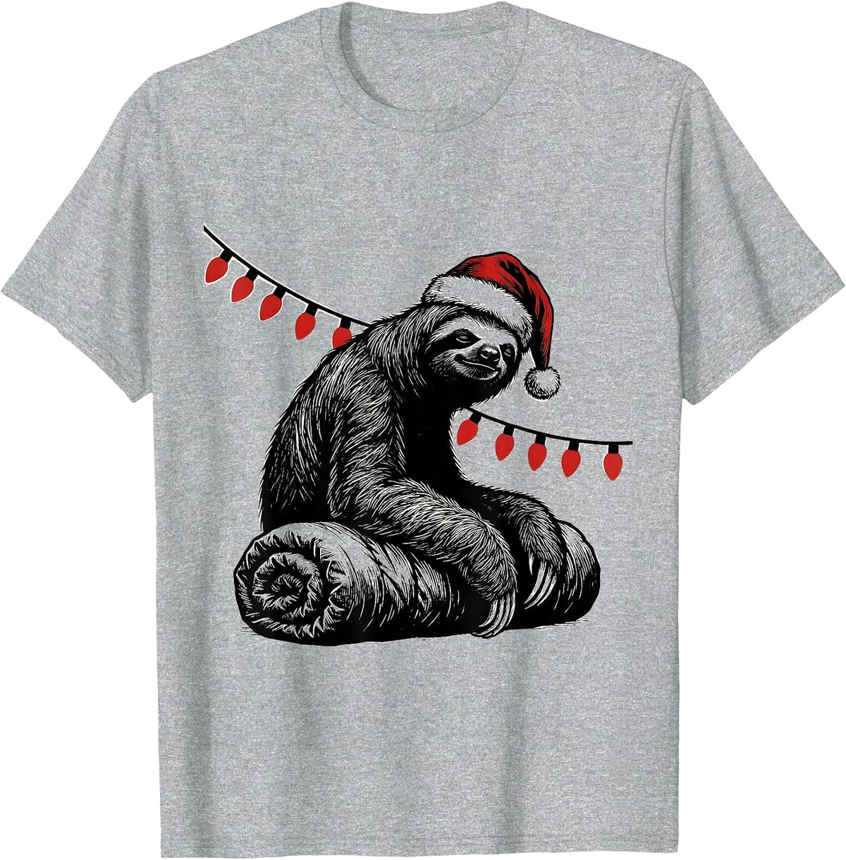 Men's Sloth Sleeping Bag Santa Hat Funny Christmas Lights T-Shirt - Heather Grey