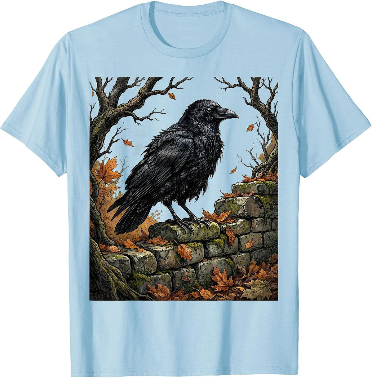 Men's Crow on Crumbling Stone Wall Fall Gothic Art T-Shirt - Baby Blue