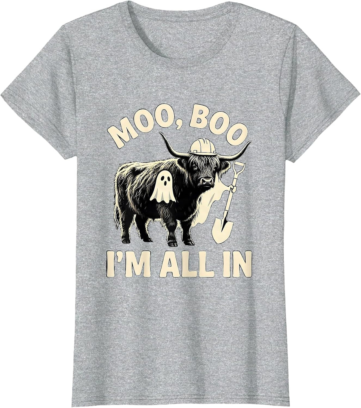 Women's Moo, Boo, I'm All In Funny Highland Cow Ghost Costume T-Shirt - Heather Grey
