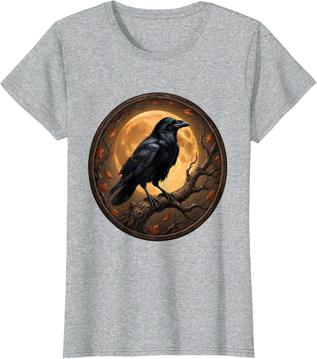 Women's Crow on Bare Branch Autumn Fall Illustration T-Shirt - Heather Grey