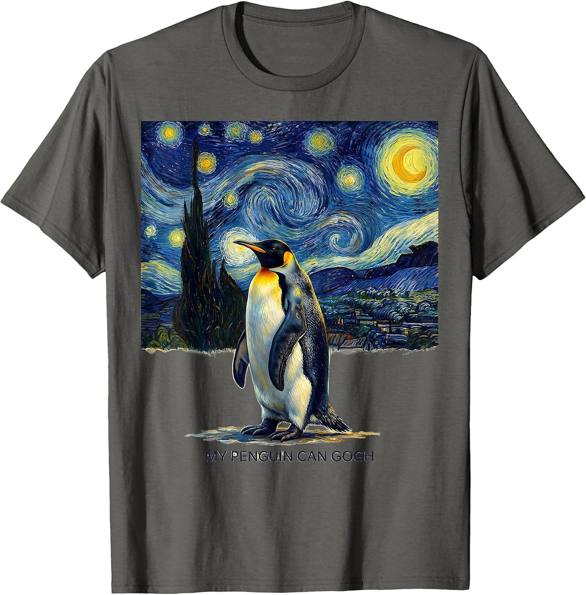 Men's My Penguin Can Gogh Funny Animal Art Parody Van Gogh Starry T-Shirt - Asphalt Grey